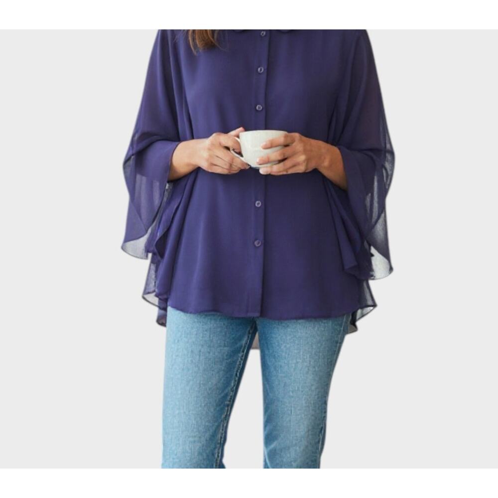 ASOS Womens Size 6 Blue Button Front Top Bold Flutter Sleeves